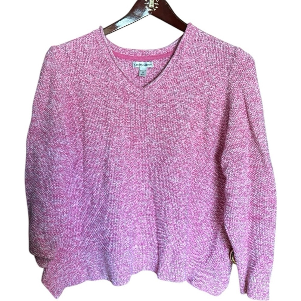 Pink 100% Cotton Sweater Size 1X Long Sleeve V Neck Sweater Croft & Barrow